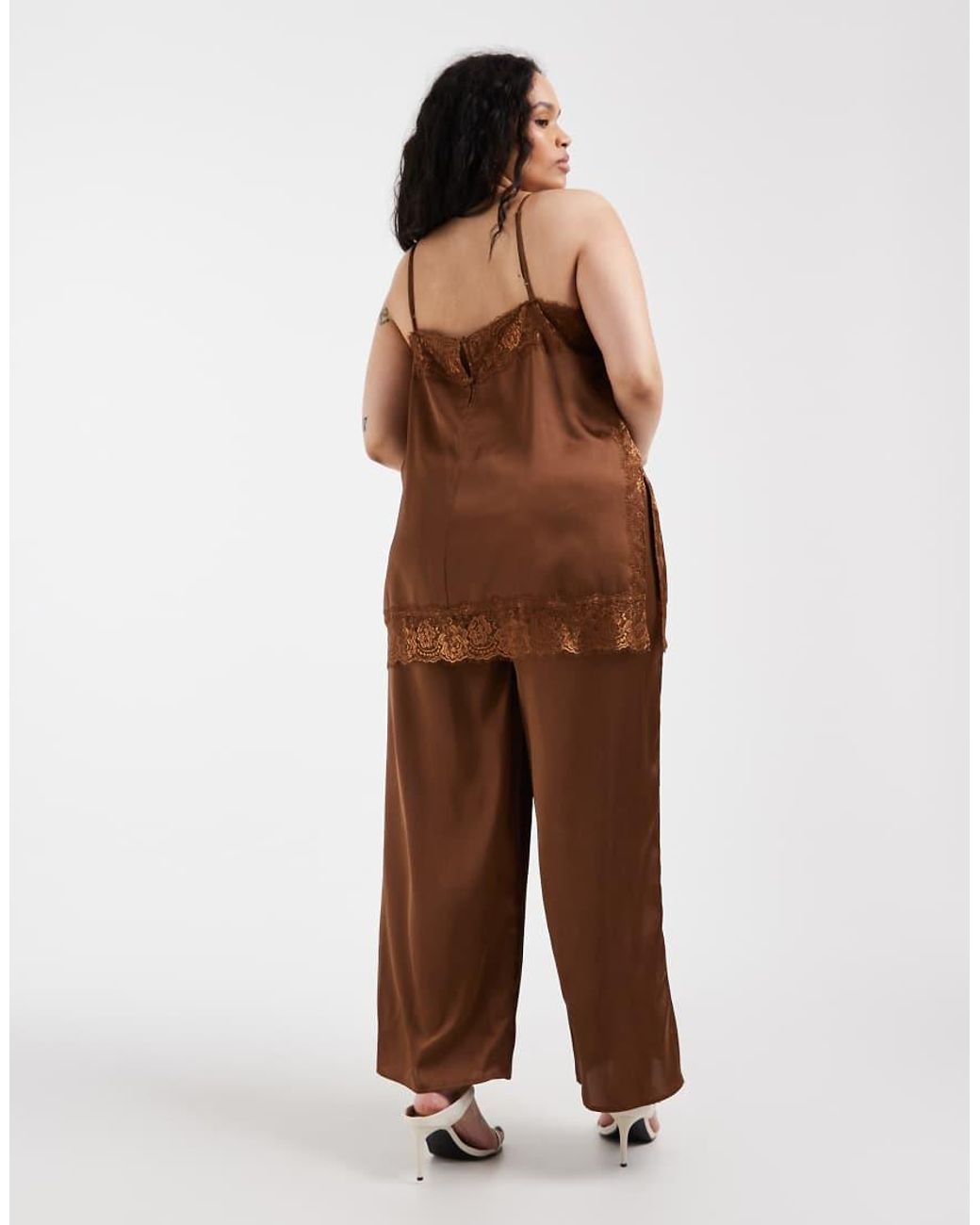ASOS Brown Asos Design Curve Satin Lace Cami Jumpsuit