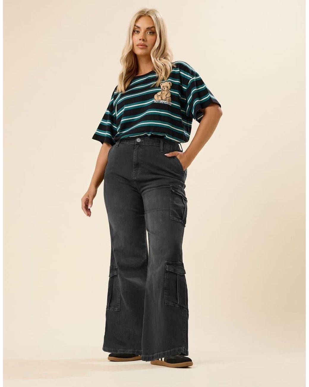 Yours Clothing Blue Washed Effect Cargo Jeans