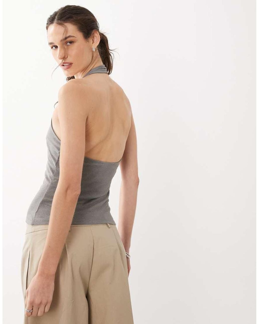Mango Gray Cotton Mix Halterneck Top With Faux Shell Buttons