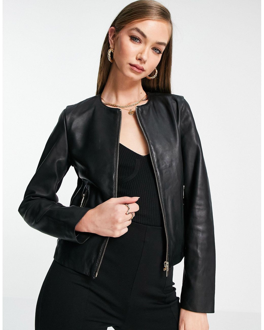Mango Collarless Leather Jacket in Black Lyst UK