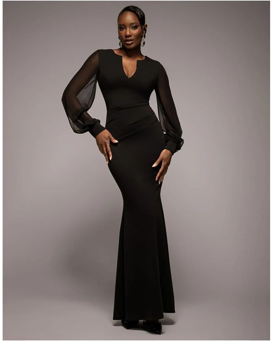 Goddiva Black Chiffon Cuffed Balloon Sleeve Maxi Dress