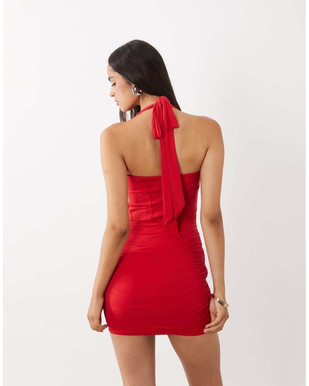 Oh Polly Red Modal Halter Neck Bodice Ruched Crossover Skirt Detail Mini Dress
