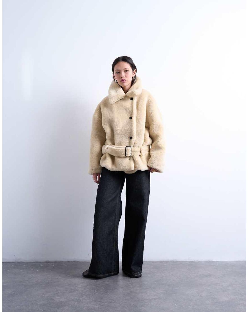 TOPSHOP Natural Teddy Belted Short Car Coat