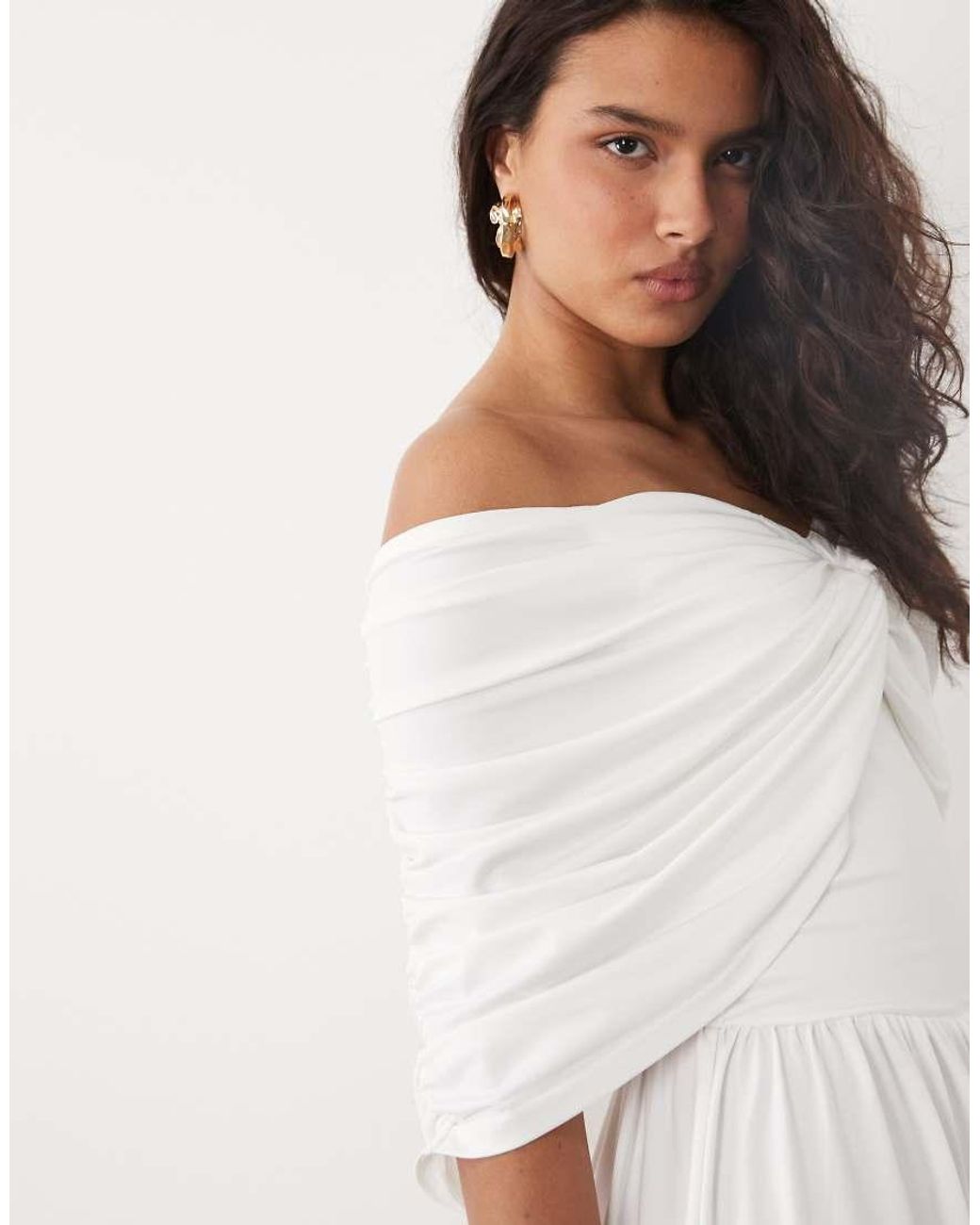 SNDY'S Natural Bandeau Drape Shoulder Detail Drop Waist Maxi Dress