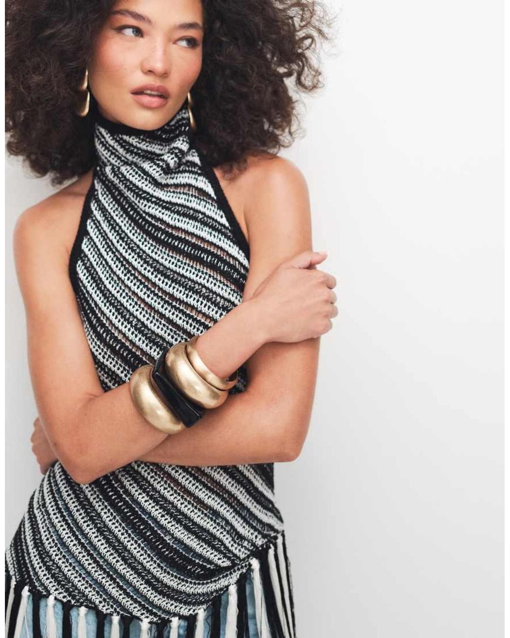 TOPSHOP Blue Knitted Stripe Halterneck Longline Fringing Tunic