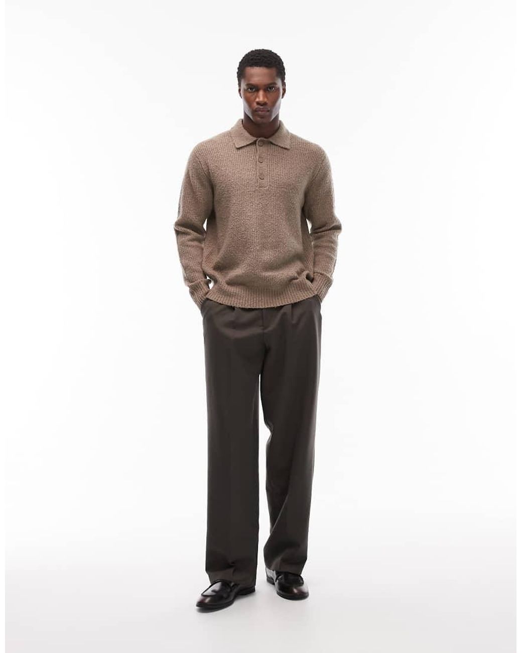 Only & Sons Brown Relaxed Fit Fisherman Knit Polo Jumper for men