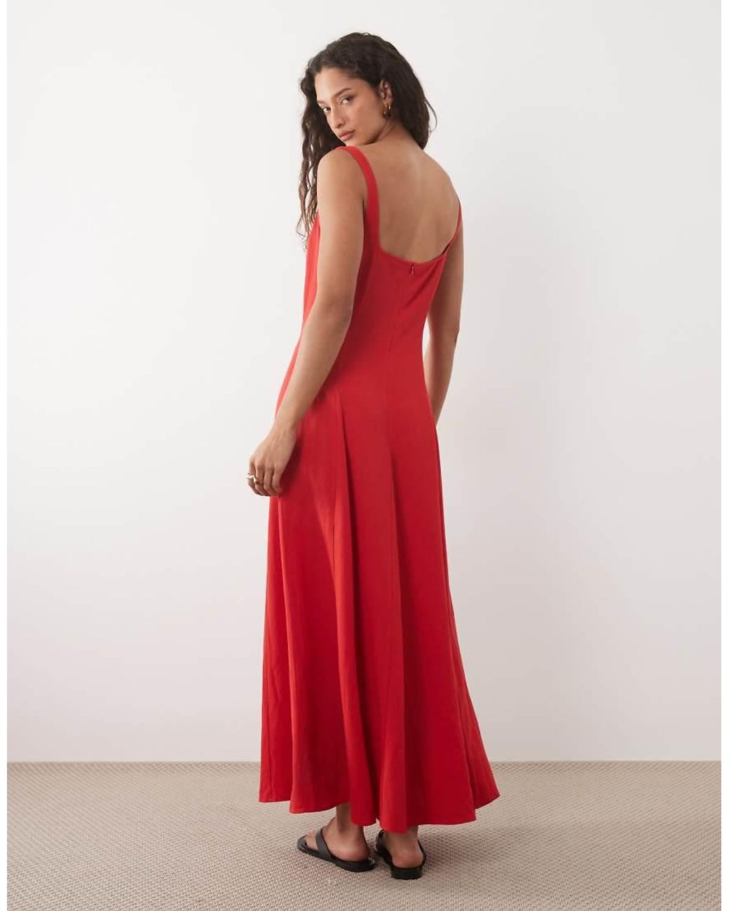 ASOS Red Linen Blend Seam Detail Maxi Dress