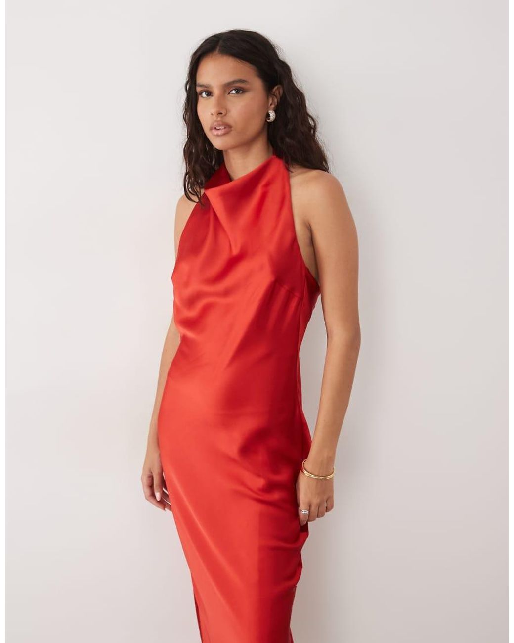 Pretty Lavish Red Edita Satin Halter Cowl Neck Low Back Midaxi Dress