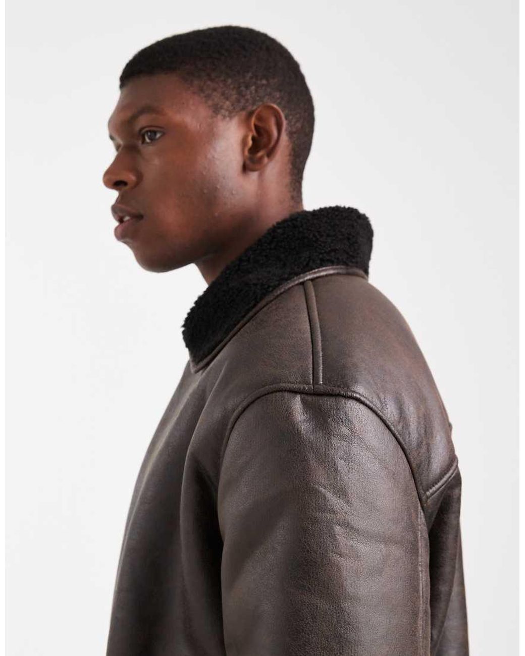 ASOS Brown Aviator Jacket With Borg Collar for men