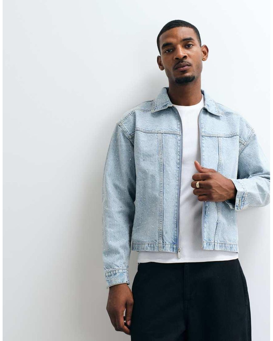 Liquor N Poker Blue Boxy Rhinestone Detail Denim Jacket for men