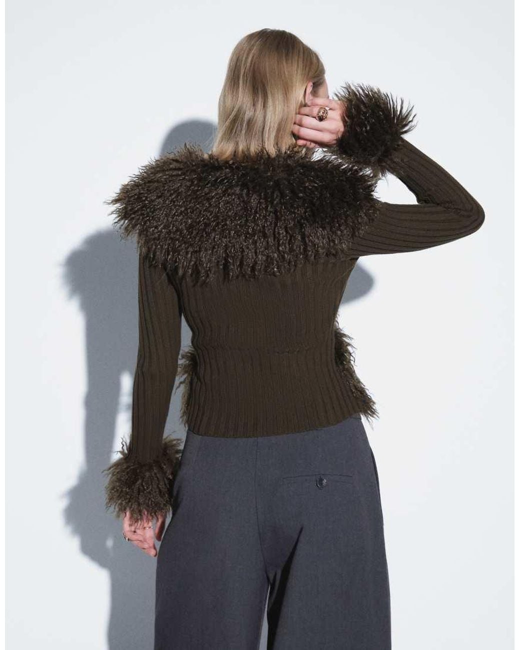 I.AM.GIA Black Cressida Compact Knit shaggy Faux Fur Trim Zip Through Cardigan