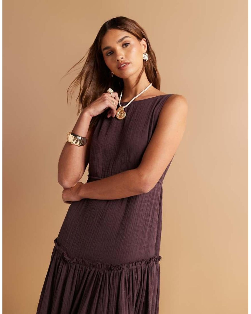 ASOS Natural Laundered Slash Neck Maxi Dress With Seaming Detail