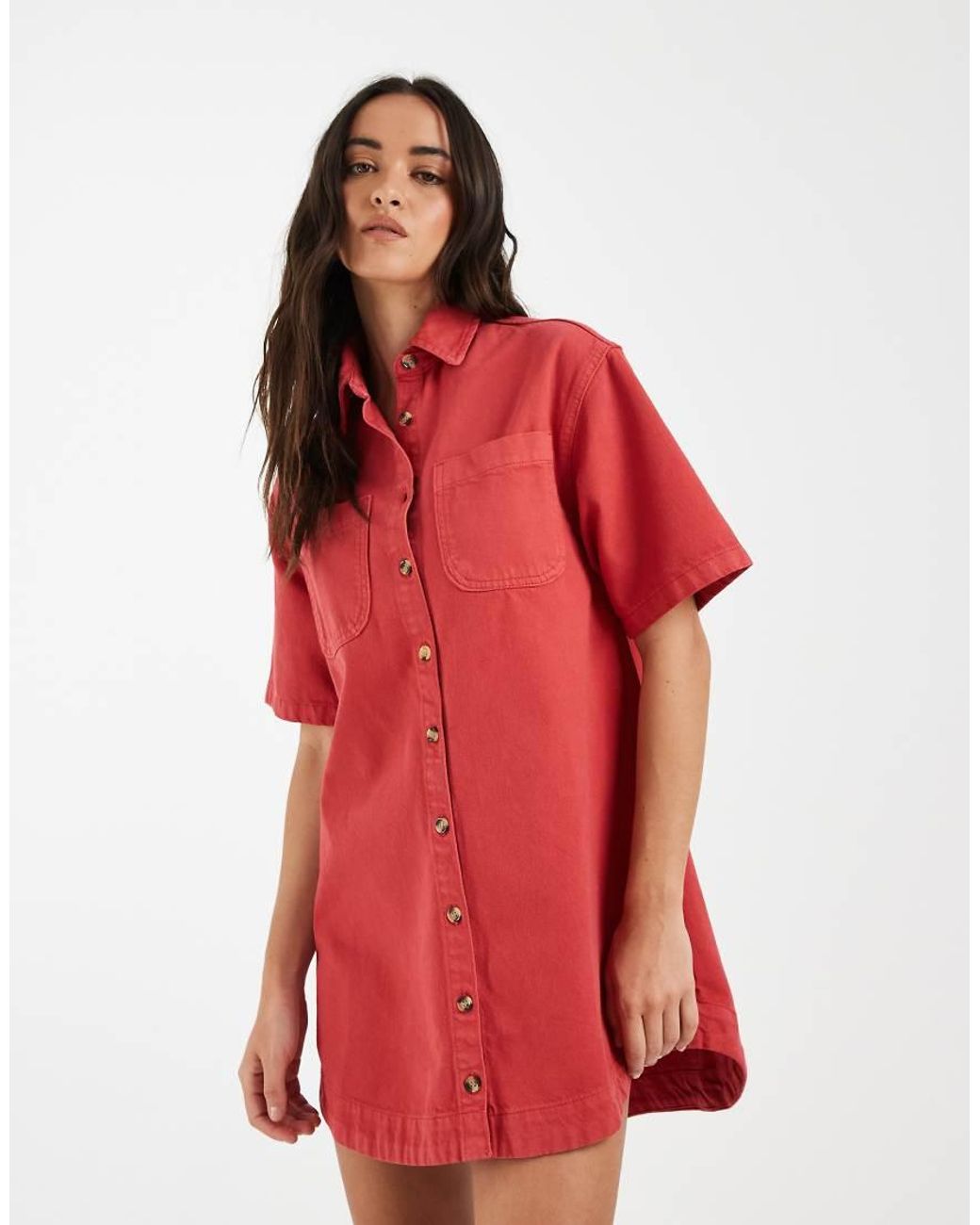 ASOS Red Denim Boxy Shirt Dress With Pocket Detail