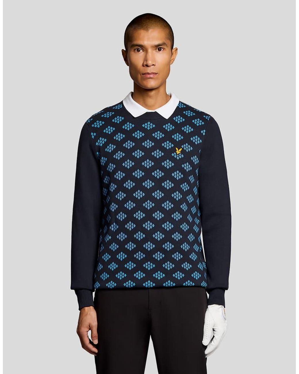 Lyle & Scott Blue Mid Knits Golf Crew Neck Cotton Argyle Jumper for men