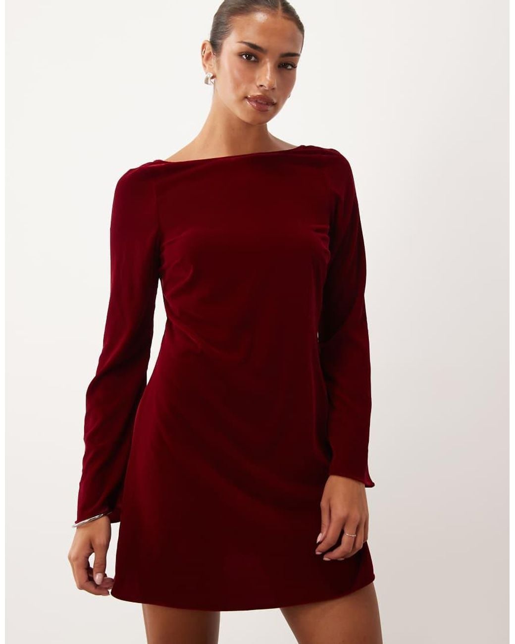 Nobody's Child Red Joelle Open Back Tie Detail Long Sleeve Velvet Mini Dress