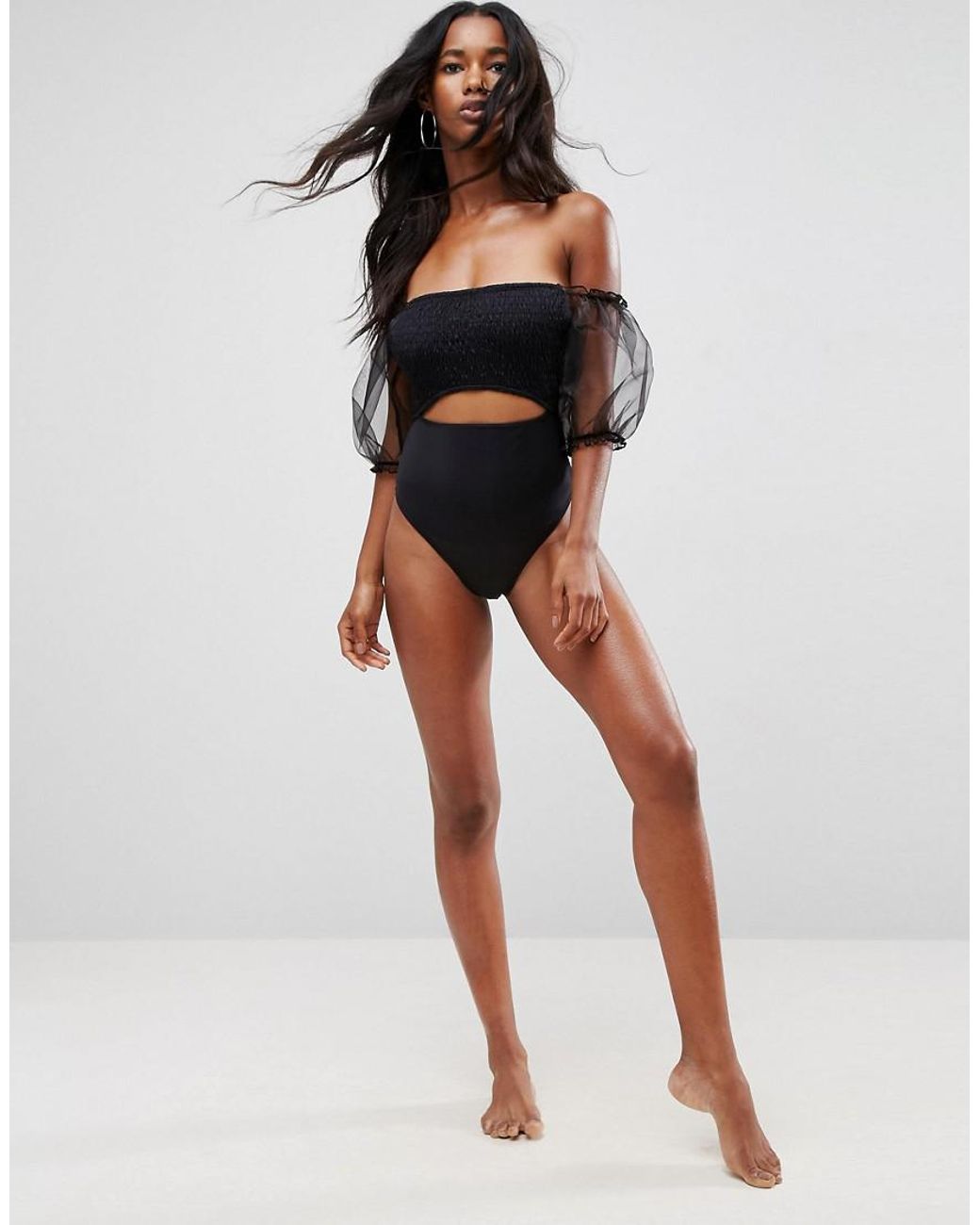 black puff sleeve swimsuit