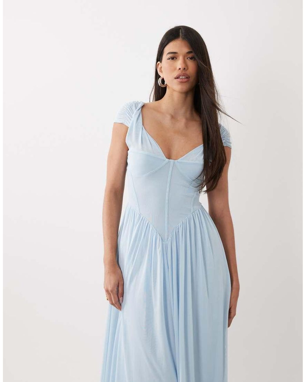 ASOS Blue Mesh Bust Twist Detail Maxi Dress With V Seam Detailing