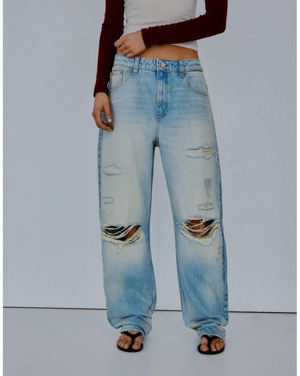Bershka Blue Ripped Loose Fit Jeans