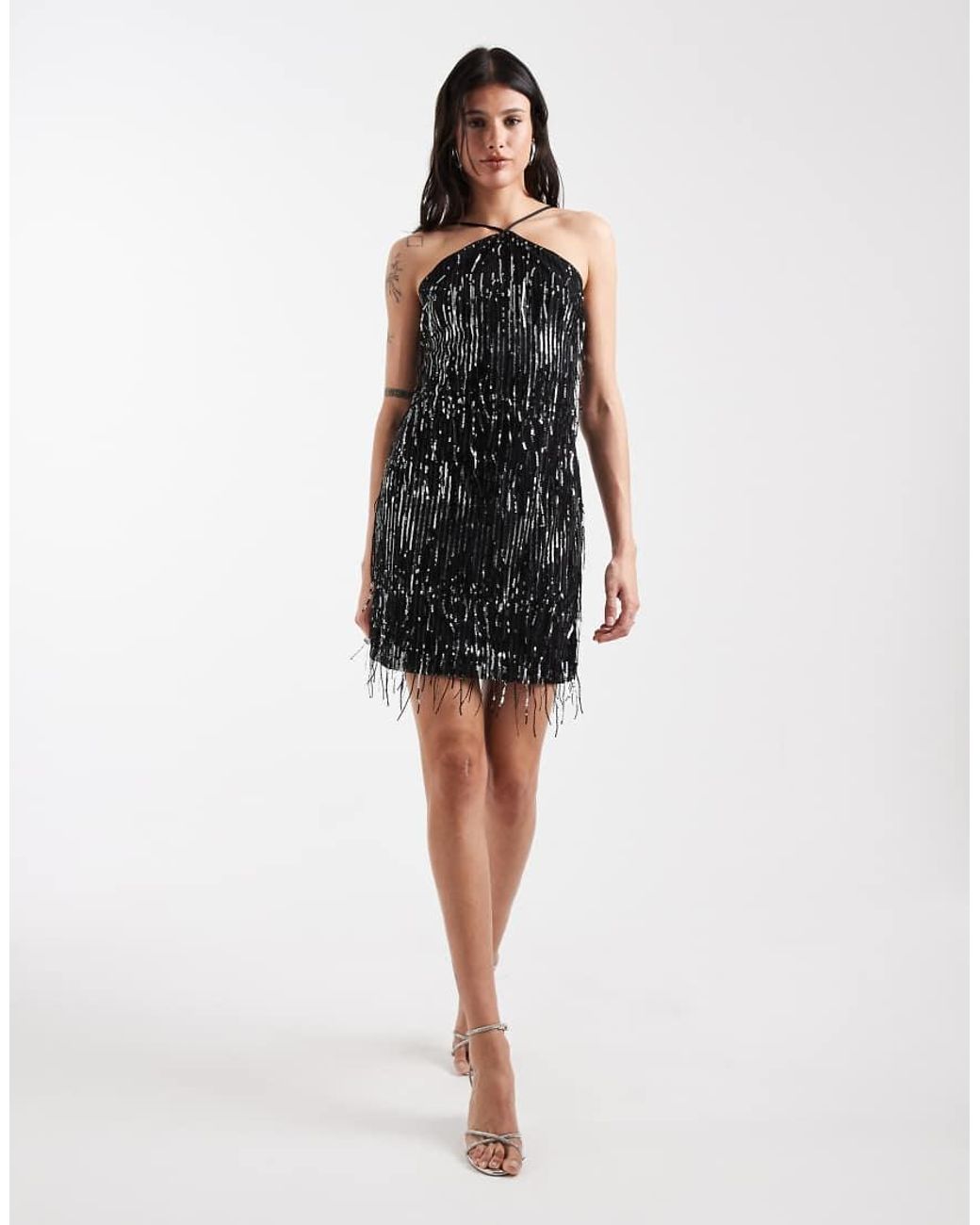 ONLY Black Tassle Sequins Halterneck Mini Dress