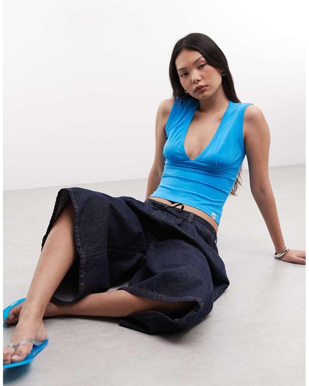 Collusion Blue Deep V-neck Singlet
