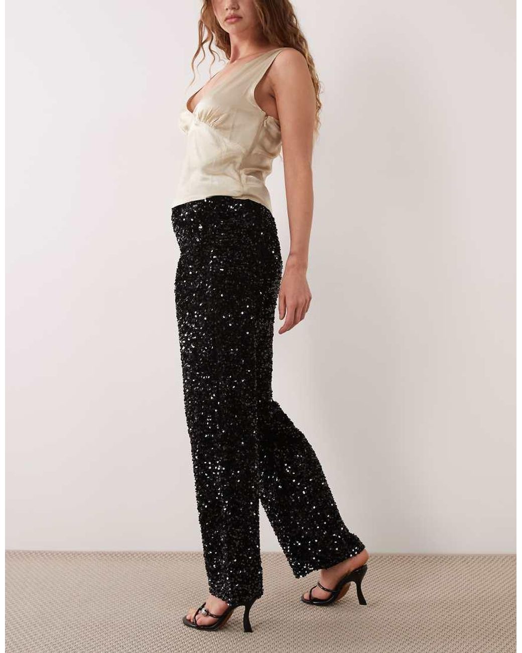 Pieces Black Wide Leg Velour Sequin Trousers
