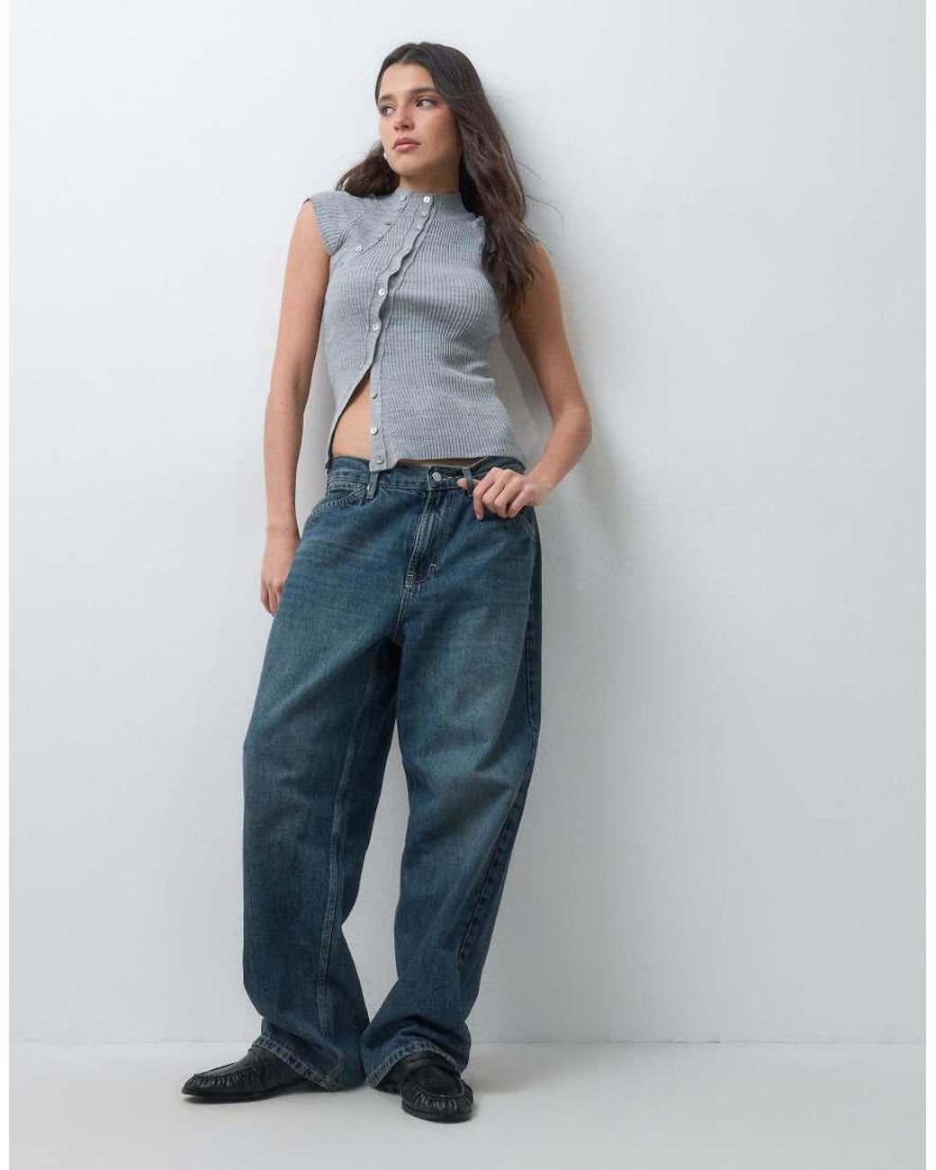 Collusion Gray Funnel Neck Knitted Top With Asymmetric Button Detail