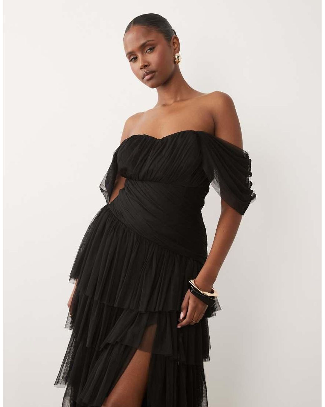 LACE & BEADS Black Tulle Fallen Shoulder Asymmetric Ruffle Detail Maxi Dress