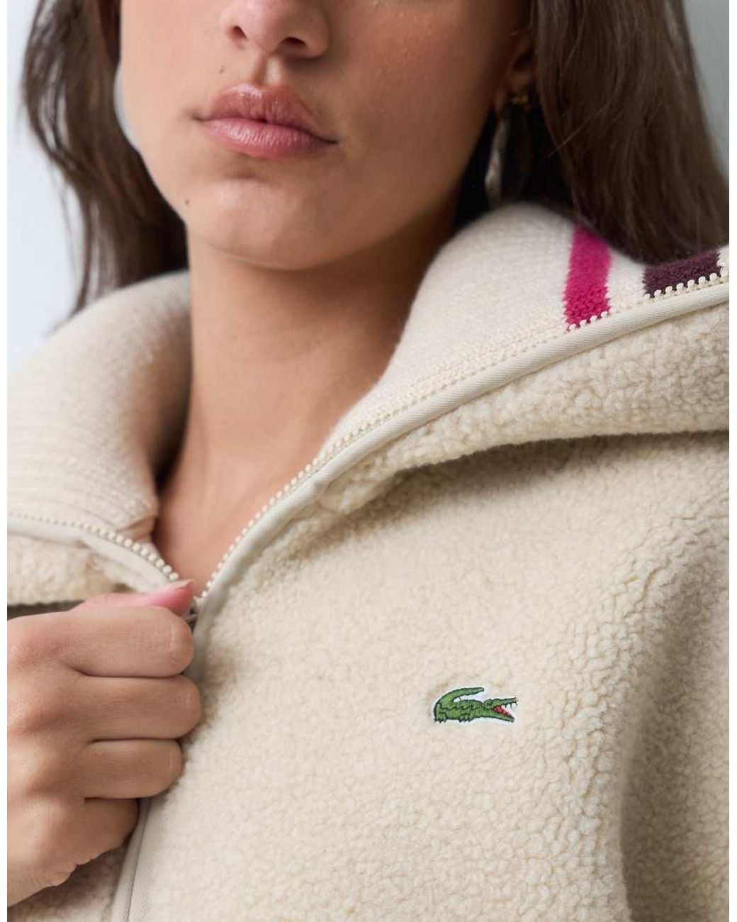 Lacoste Natural Oversized Striped Knit Collar Zip Up Fleece