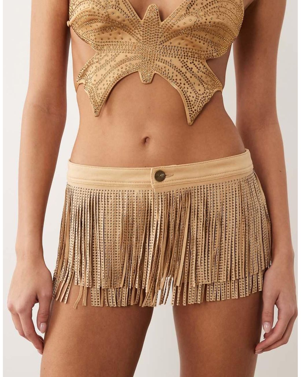 Oh Polly Natural Faux Suede Embellished Fringe Detail Low Rise Mini Shorts