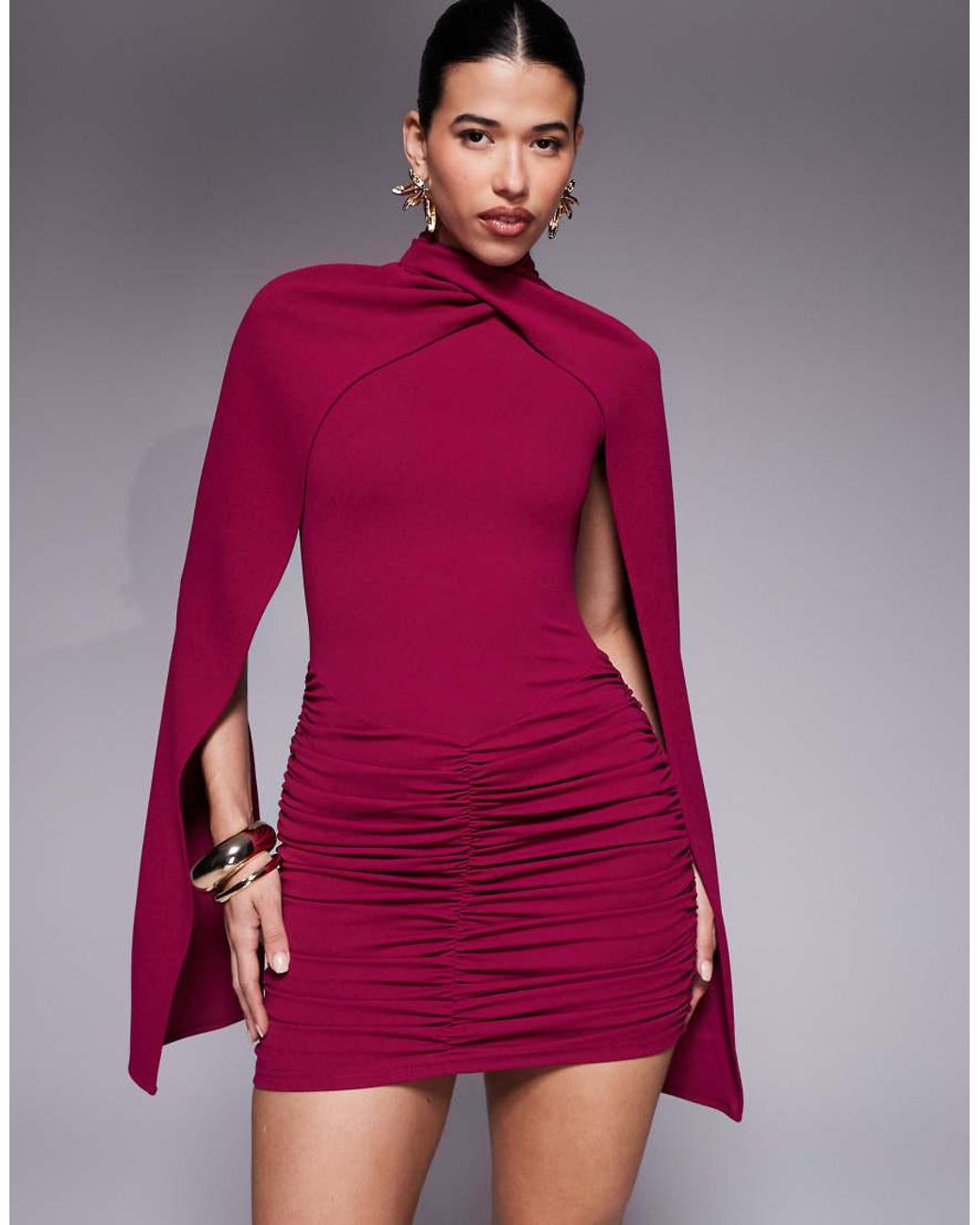 Ruched & Ready Red Crossover High Neck Open Cape Sleeve Mini Dress