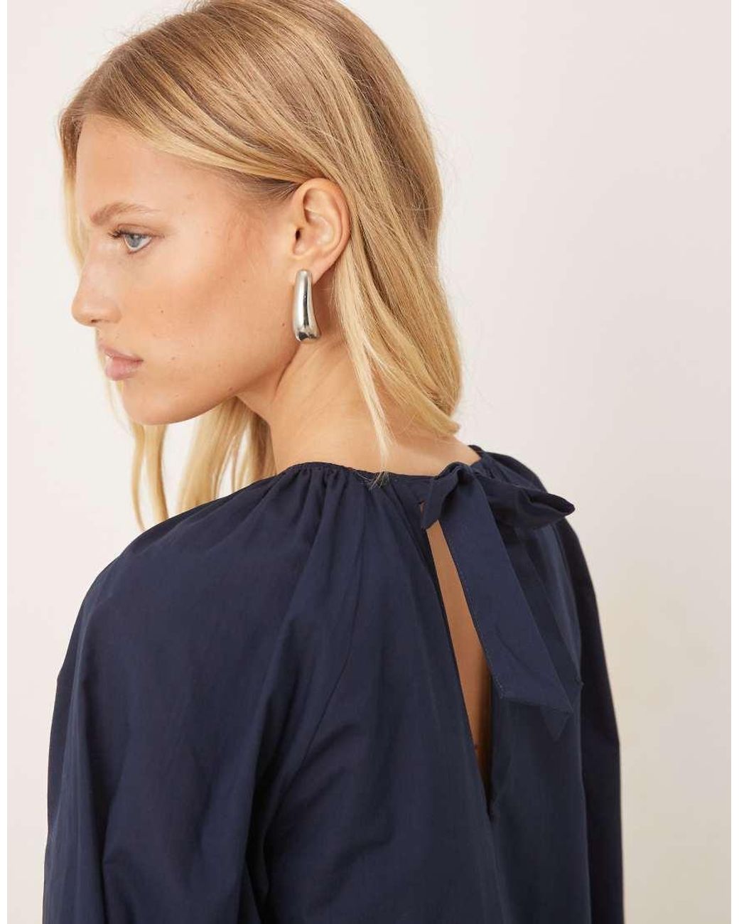 ASOS Blue Volume Smock Mini Dress With Tie Back Detail