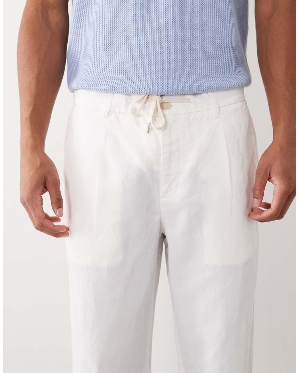 Mango White Linen Blend Straight Leg Draw String Trousers for men