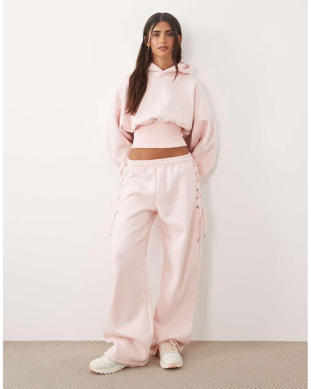 Kaiia Pink Cotton Rich Cinched Waist Lace Up Corset Detail Hoodie Co-ord