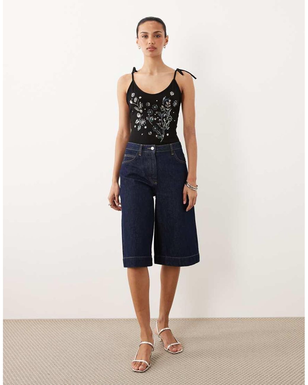 Miss Selfridge Black Festival Embellished Tie Shoulder Bodysuit