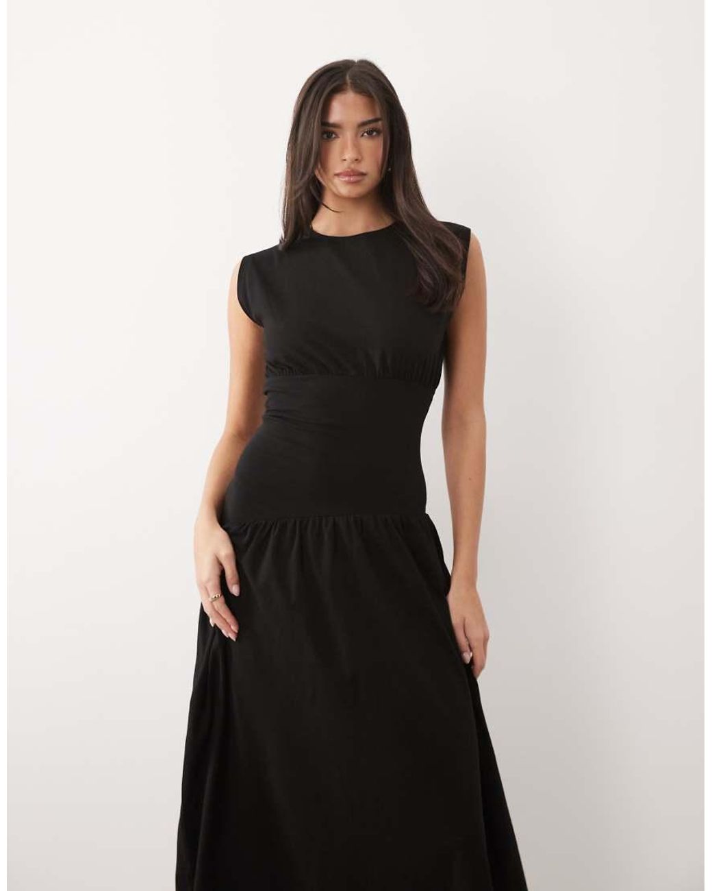 ASOS Black Cap Sleeve Cinched Dropped Waist Midaxi Dress