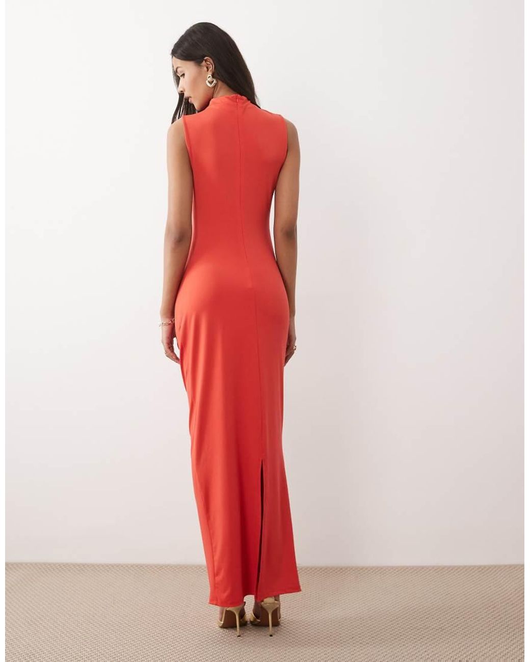 Vila Red High Neck Ruched Maxi Dress