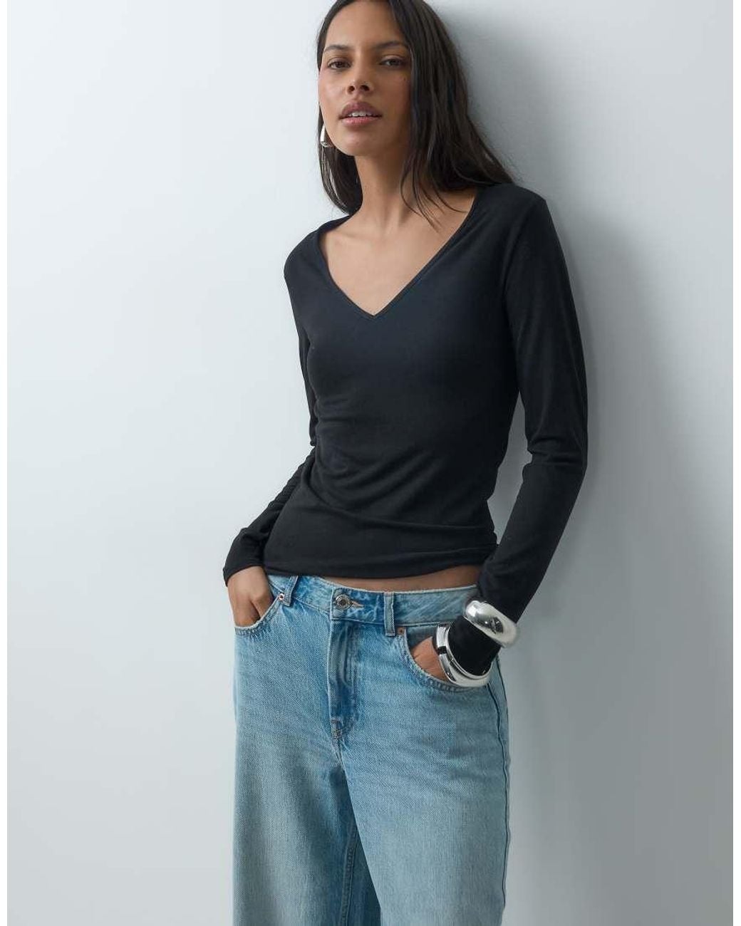 Mango Blue V Neck Long Sleeve T-Shirt
