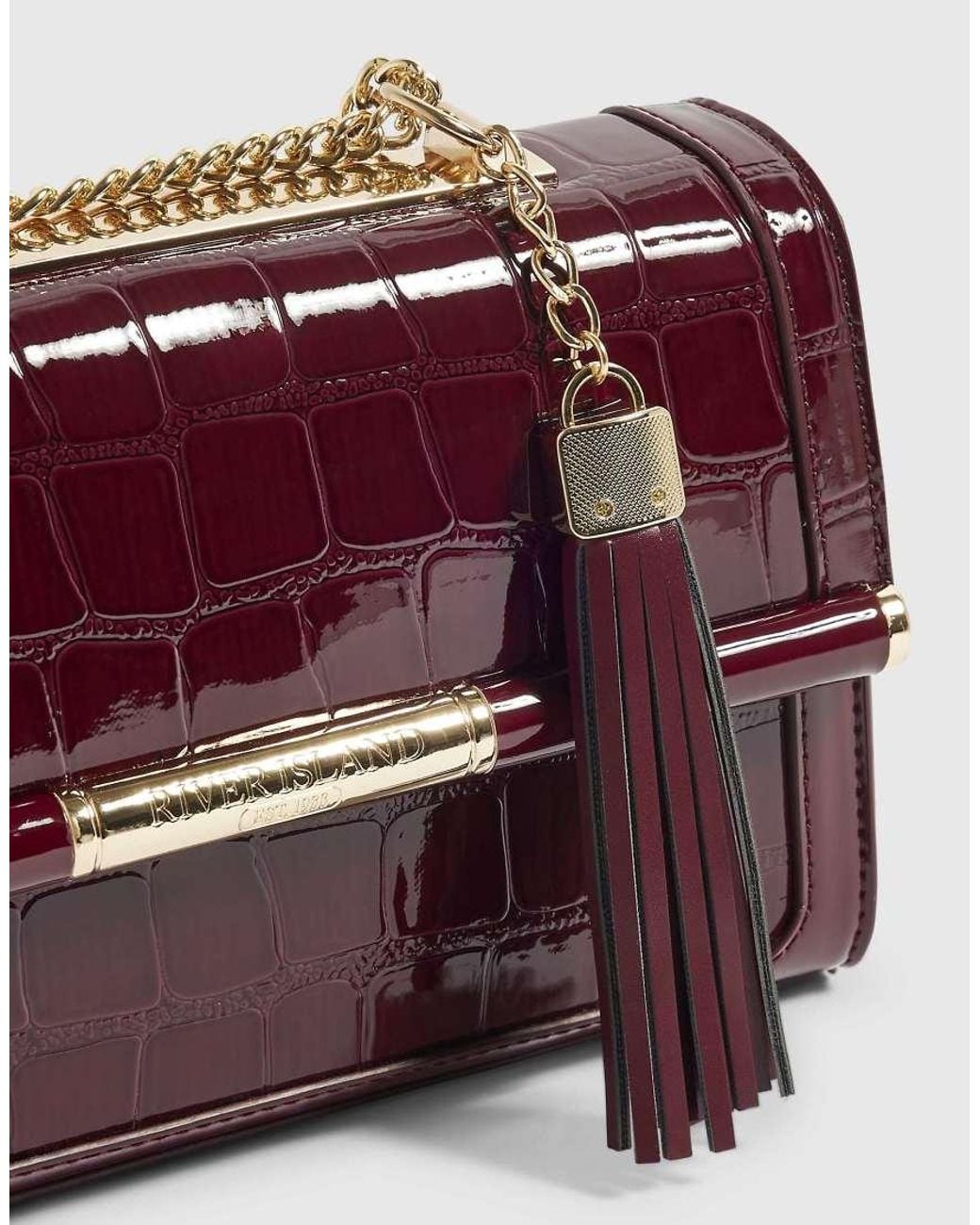 River Island Blue Burgundy Croc Bar Front Panel Shoulder Bag