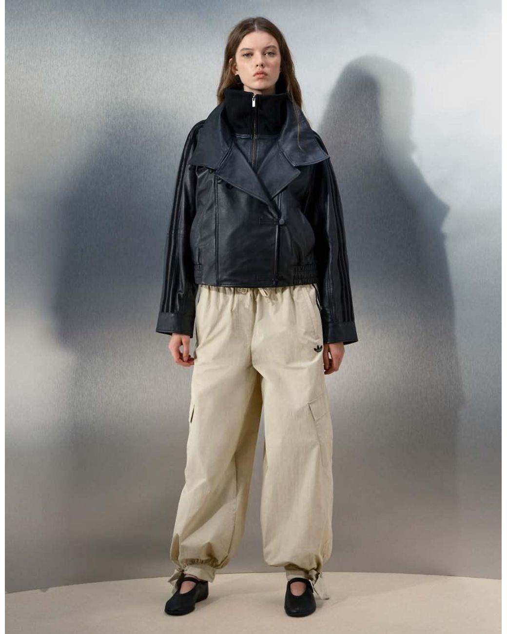 adidas Originals x ASOS Gray Oversized Leather Jacket With Funnel Neck And Rib Detail