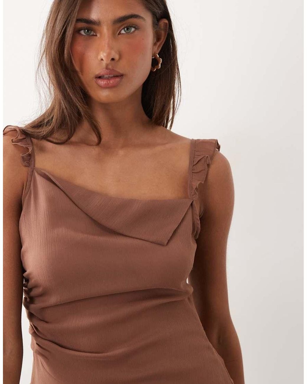 Monki Natural Asymmetric Ruffle Chiffon Mini Dress
