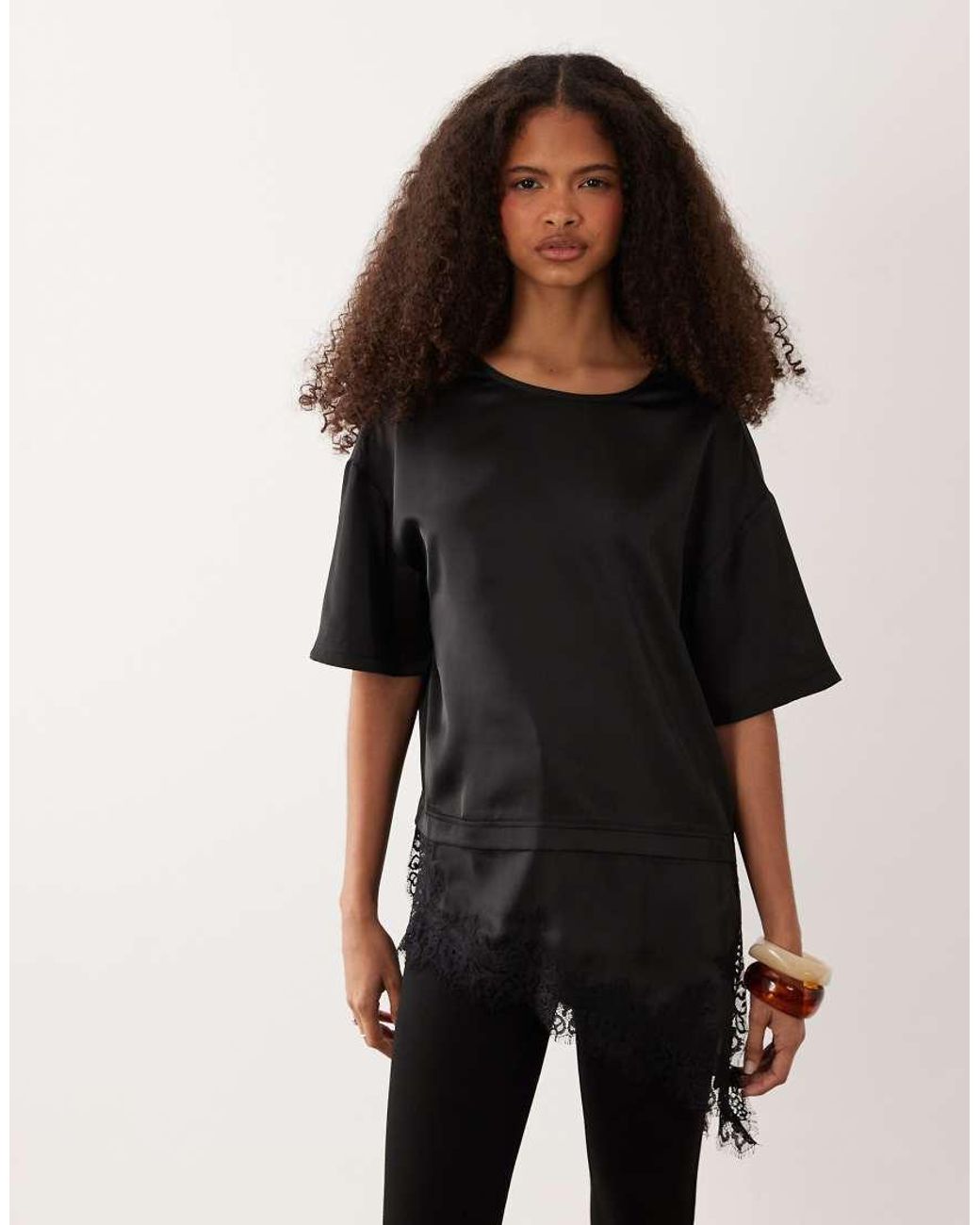 Wednesday's Girl Black Satin T-Shirt With Asymmetric Lace Hem