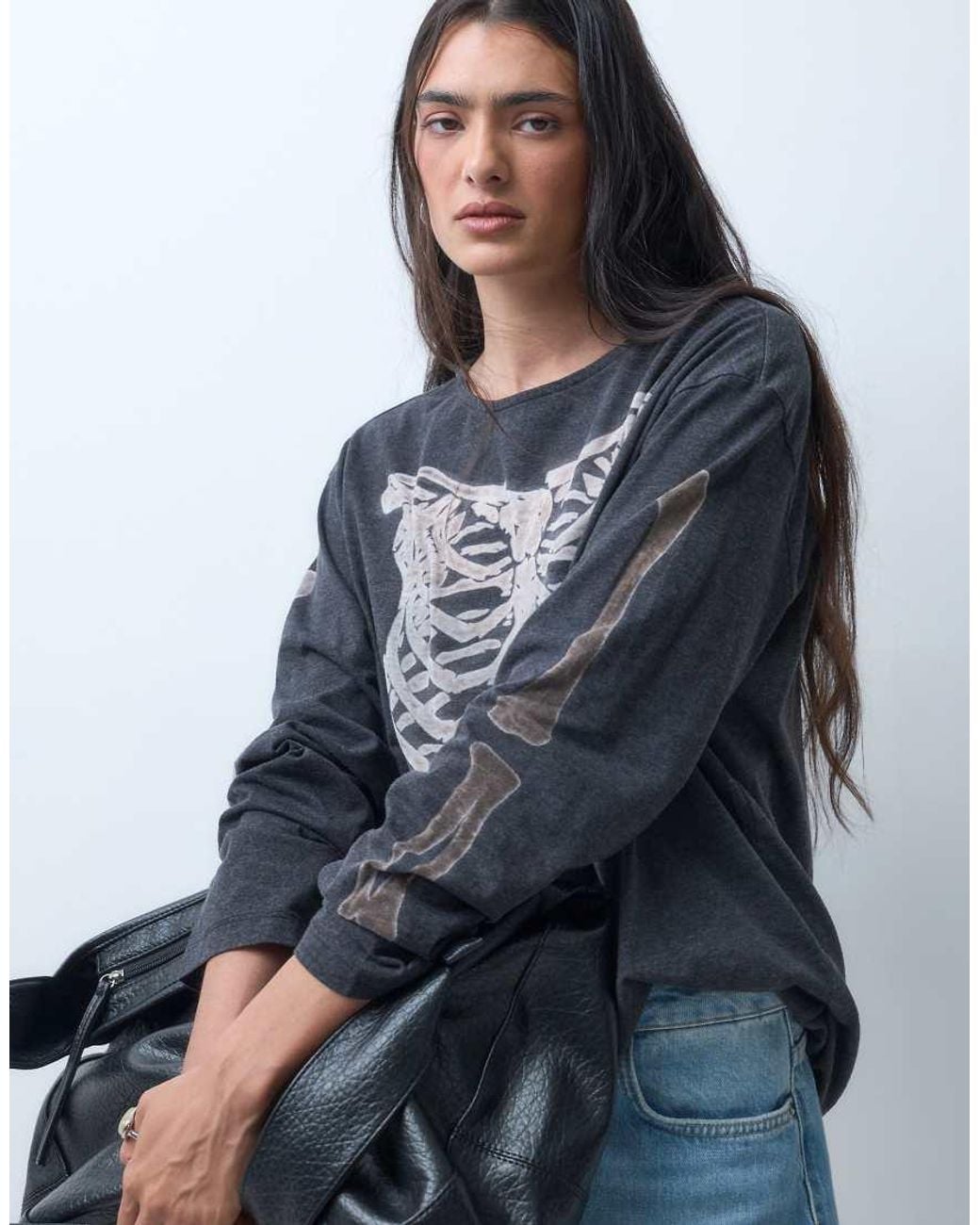 The Ragged Priest Blue Oversized Long Sleeve Top With Skeleton Graphic