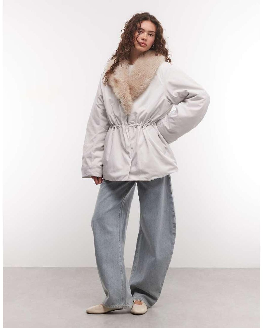 Monki Gray Faux Fur Cinched Puffer Coat