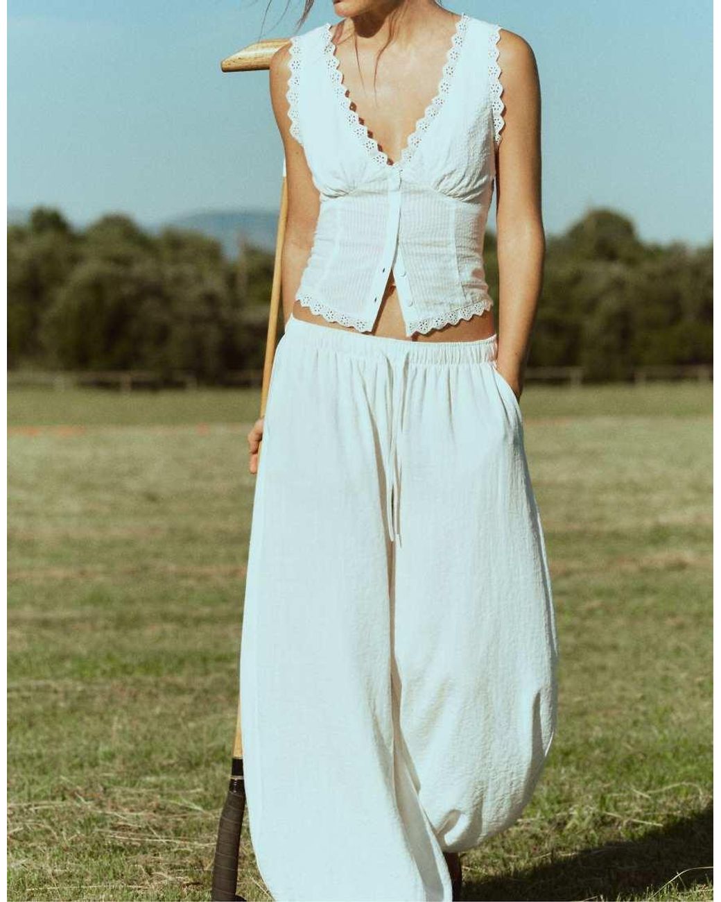 Stradivarius White Flowy Sarouel Trousers