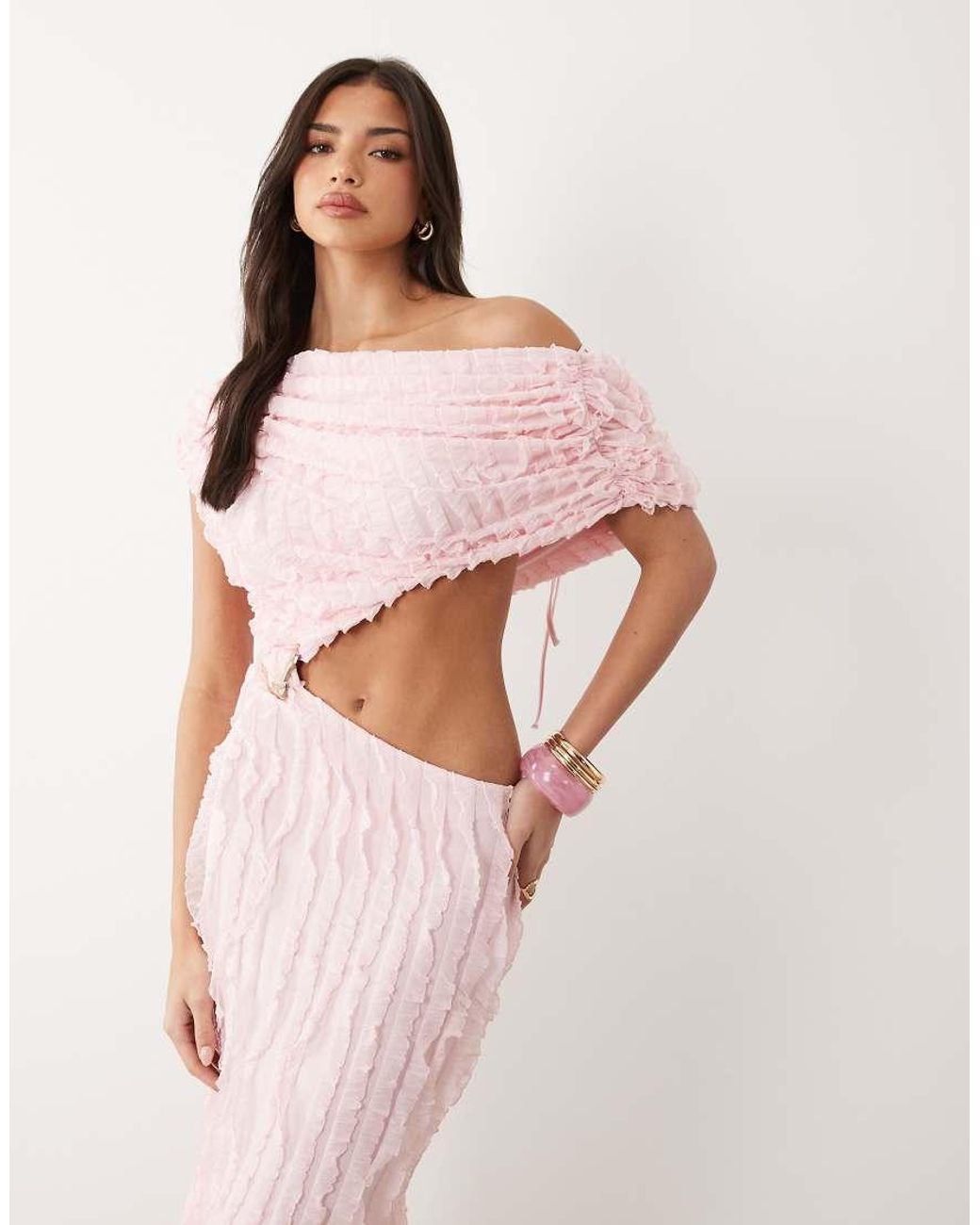 ASOS Pink Ruffle Off Shoulder Maxi Dress With Cut Out Detail