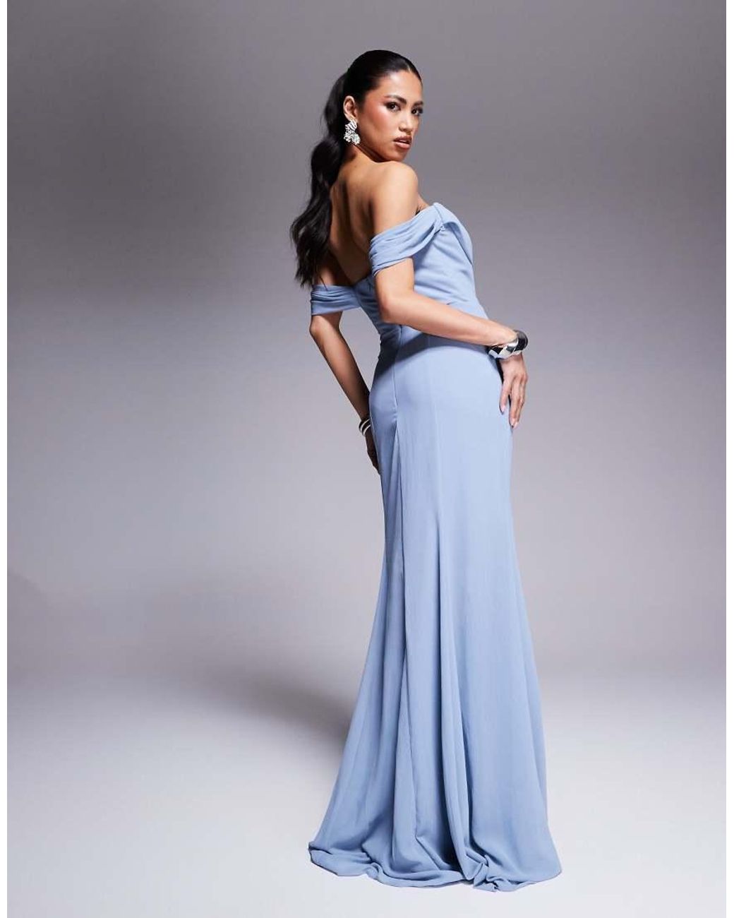 Goddiva Blue Chiffon Bardot Cowl Neck Maxi Dress