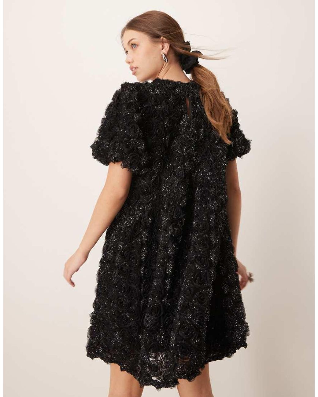 Y.A.S Black 3d Textured Rose Mini Smock Dress