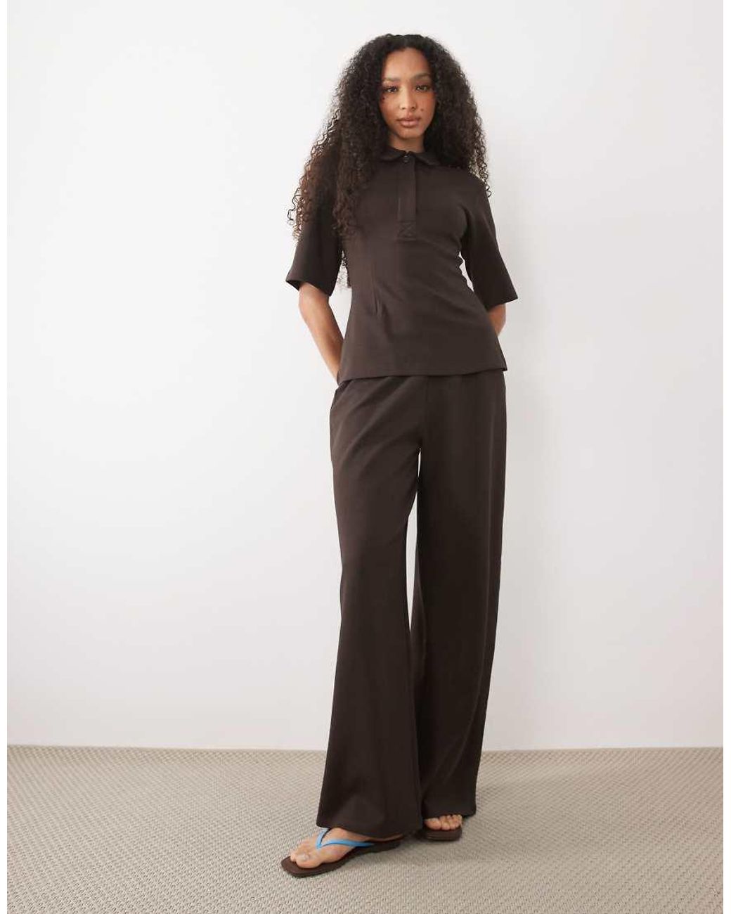 ASOS Brown Interlock Cinched Waist Peplum Hem Shirt Co-ord