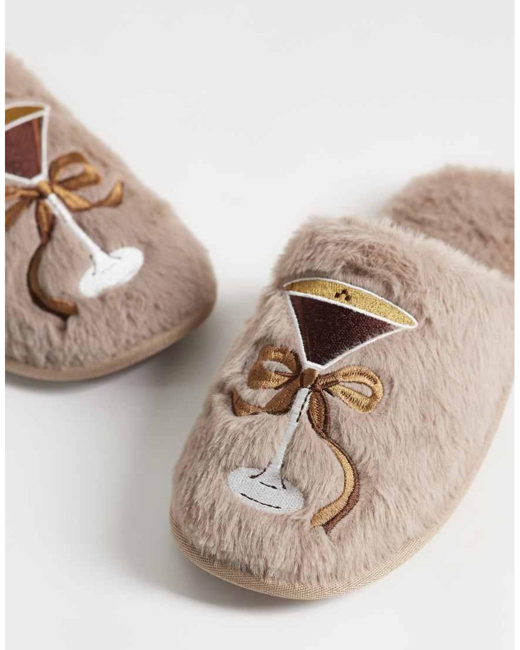 Loungeable Brown Embroidered Espresso Martini Bow Fluffy Slipperss