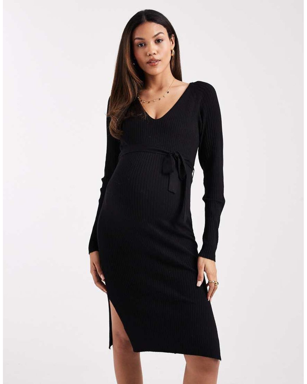 Vero Moda Black Rib Knitted Long Sleeve Midi Dress With Belt Detail